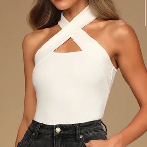 Lulu’s White Cross-Neck Halter Ribbed Tank Top